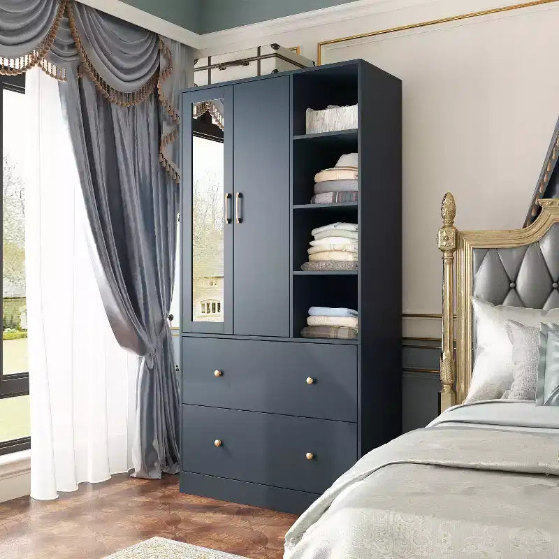 Armadio a 2 ante con specchio, appendiabiti e 2 cassetti, nei colori nero/blu notte/bianco