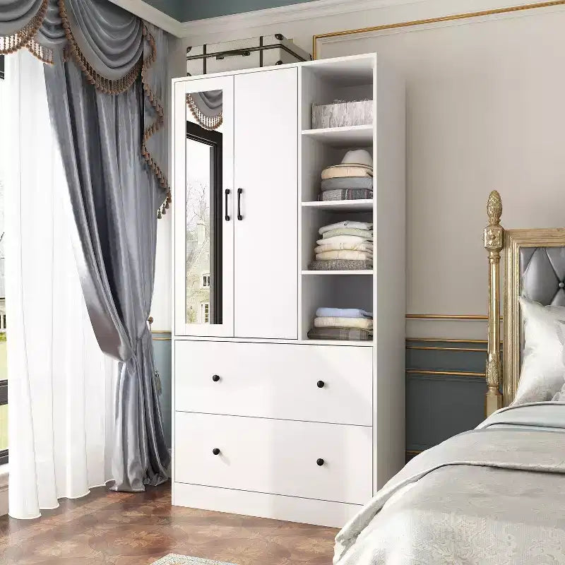 Armadio a 2 ante con specchio, appendiabiti e 2 cassetti, nei colori nero/blu notte/bianco