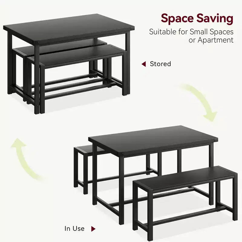 Set da pranzo rettangolare nero per 4 persone, con 2 panche (3 pezzi)