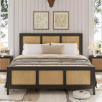 Queen Size Bed Frame with Headboard Bohemian Rattan Platform Bed Frame with Strong Metal Slats Support No Box Spring Needed Noise-Free Design, Black