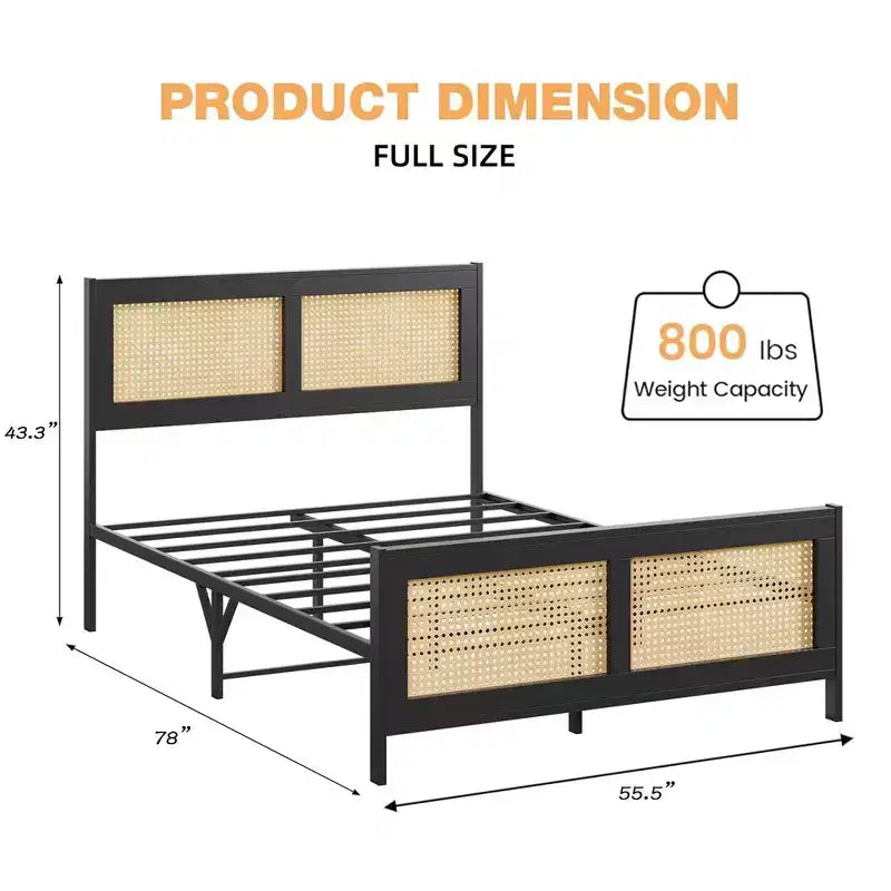 Struttura letto a piattaforma in rattan bohémien nero, Queen, 1-2 persone