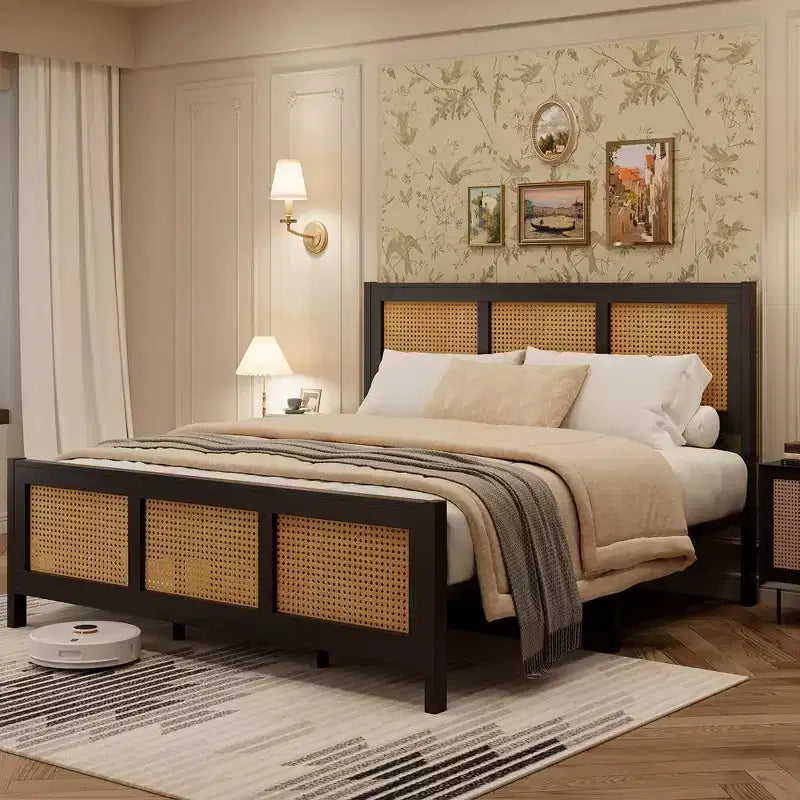 Struttura letto a piattaforma in rattan bohémien nero, Queen, 1-2 persone