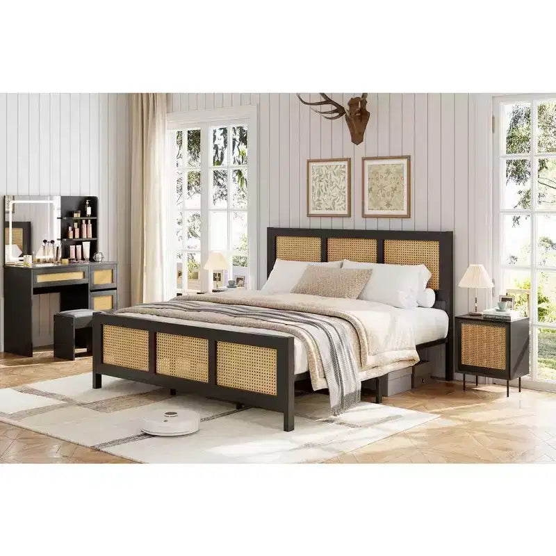 Struttura letto a piattaforma in rattan bohémien nero, Queen, 1-2 persone