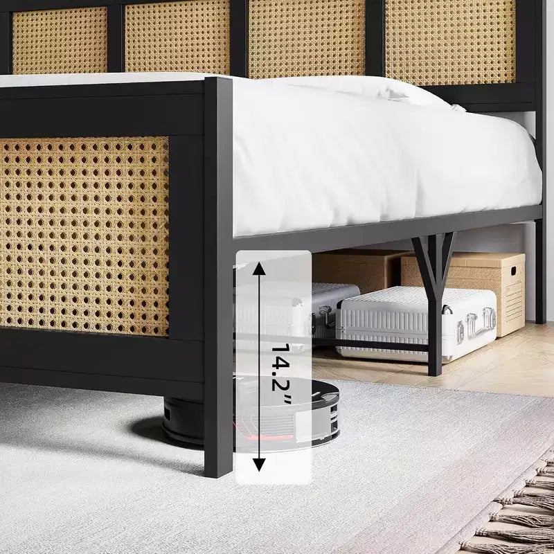Struttura letto a piattaforma in rattan bohémien nero, Queen, 1-2 persone