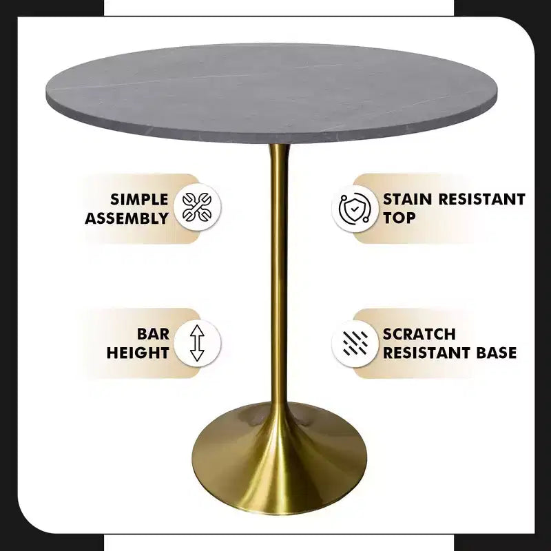 Tavolo da pranzo rotondo da 36" altezza bar, Marmo Nero / Grigio Marmo / Bianco Marmo, piano in pietra sinterizzata, base a piedistallo color oro, 4 posti a sedere