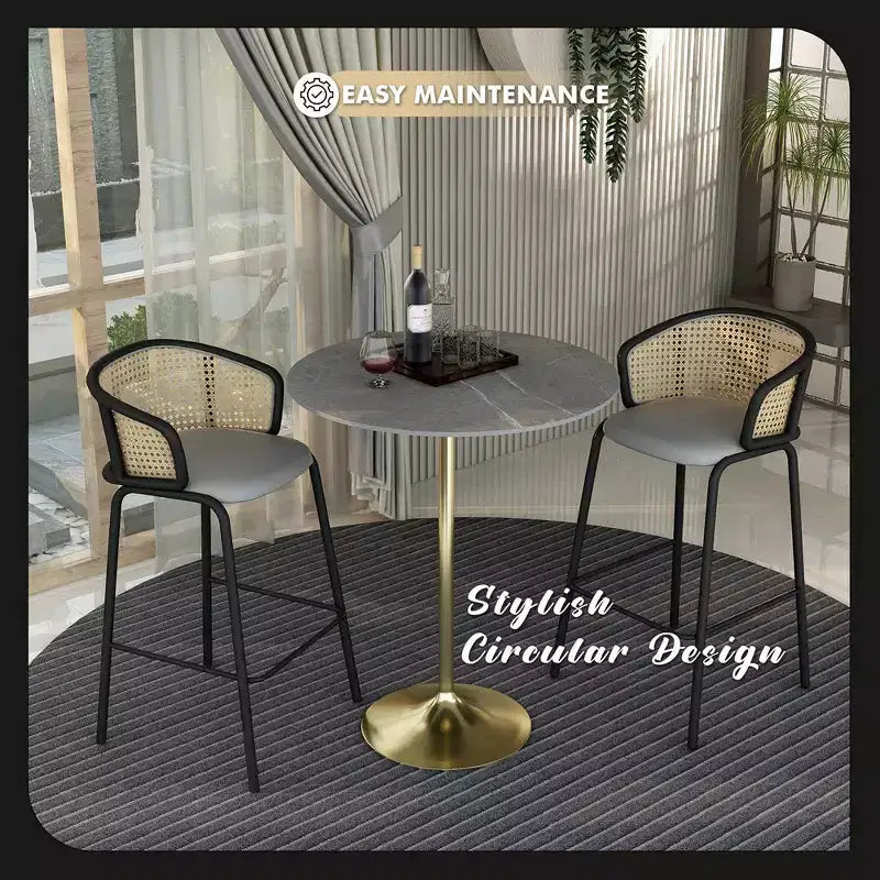 Tavolo da pranzo rotondo da 36" altezza bar, Marmo Nero / Grigio Marmo / Bianco Marmo, piano in pietra sinterizzata, base a piedistallo color oro, 4 posti a sedere