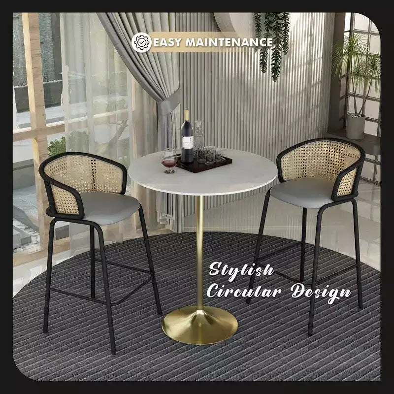 Tavolo da pranzo rotondo da 36" altezza bar, Marmo Nero / Grigio Marmo / Bianco Marmo, piano in pietra sinterizzata, base a piedistallo color oro, 4 posti a sedere