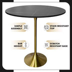 Tavolo da pranzo rotondo da 36" altezza bar, Marmo Nero / Grigio Marmo / Bianco Marmo, piano in pietra sinterizzata, base a piedistallo color oro, 4 posti a sedere
