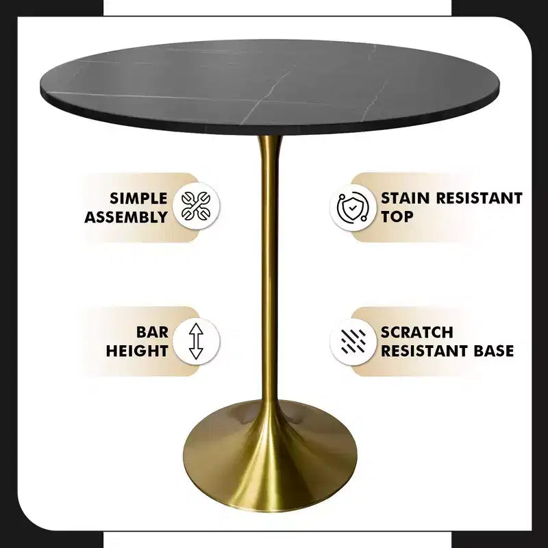 Tavolo da pranzo rotondo da 36" altezza bar, Marmo Nero / Grigio Marmo / Bianco Marmo, piano in pietra sinterizzata, base a piedistallo color oro, 4 posti a sedere