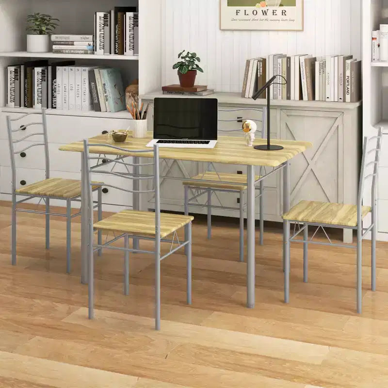 Set da Pranzo 5 Pezzi, Beige/Noce, Metallo e MDF, Posti a Sedere 4