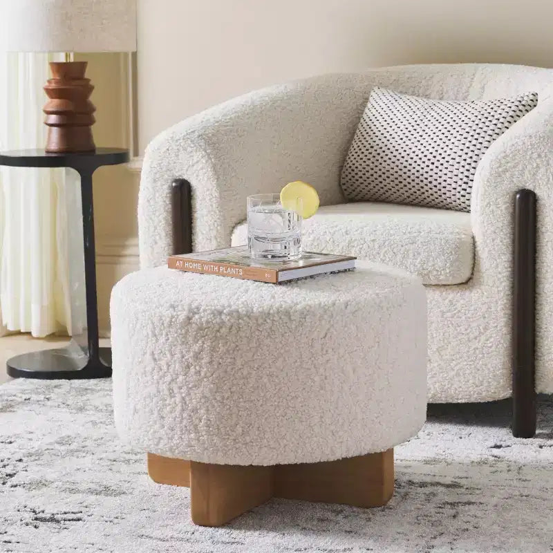Pouf rotondo in finto shearling bianco sporco/nero, 1 posto