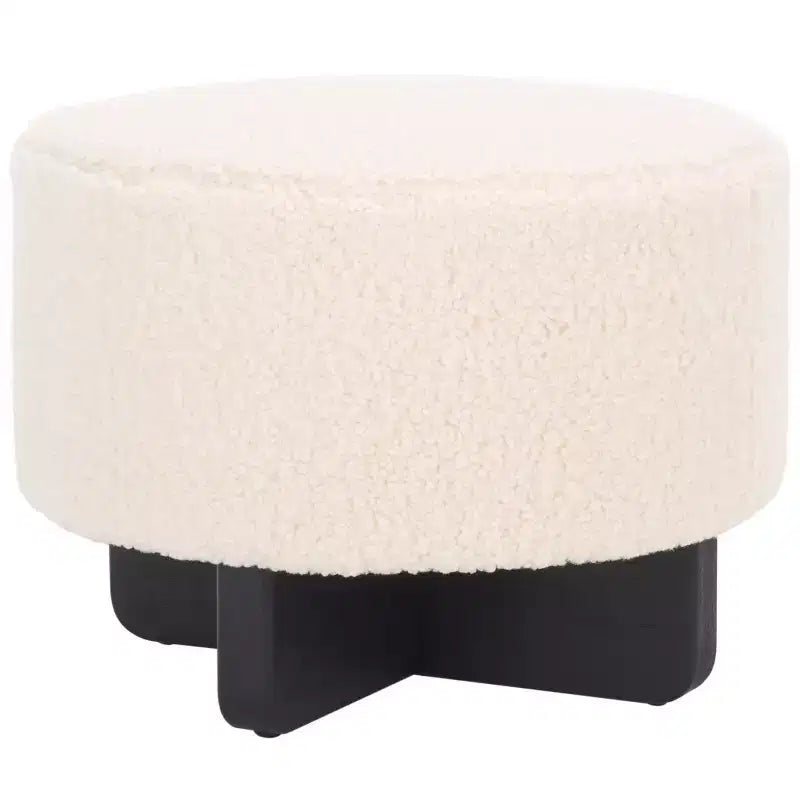 Pouf rotondo in finto shearling bianco sporco/nero, 1 posto