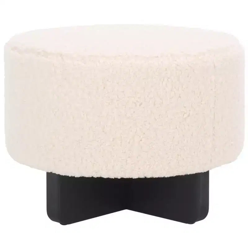 Pouf rotondo in finto shearling bianco sporco/nero, 1 posto