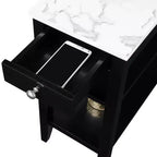 Tavolino finale con 1 cassetto e ripiani aperti | Legno di fienile/Nero, Finto marmo bianco | 1 Pezzo