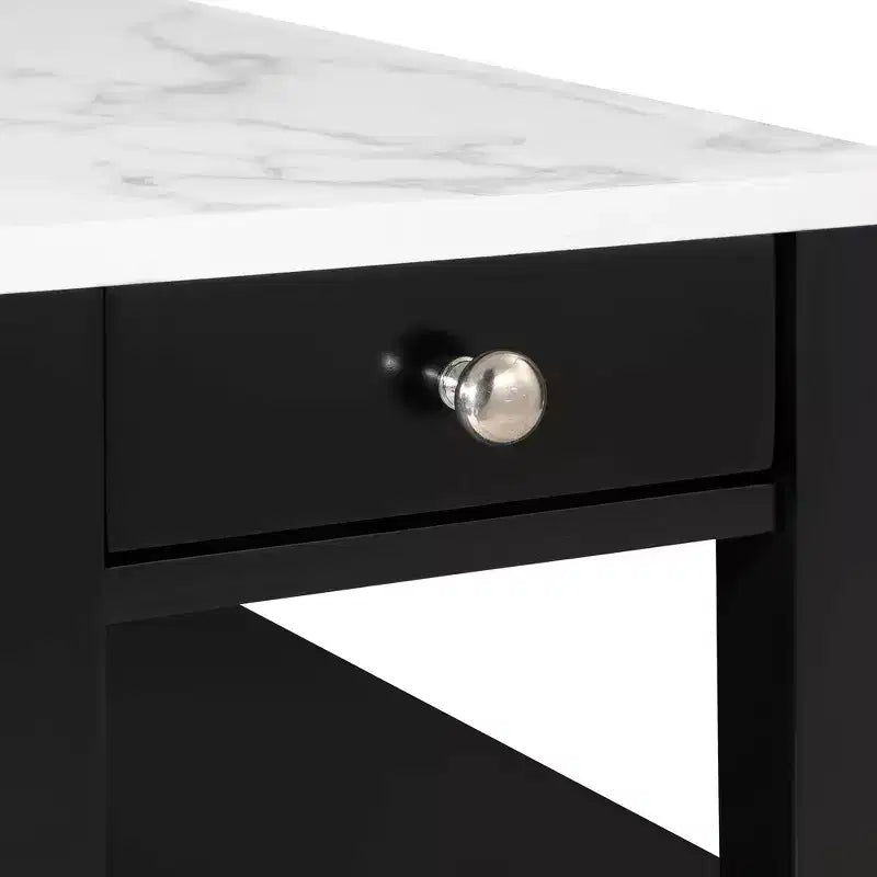 Tavolino finale con 1 cassetto e ripiani aperti | Legno di fienile/Nero, Finto marmo bianco | 1 Pezzo