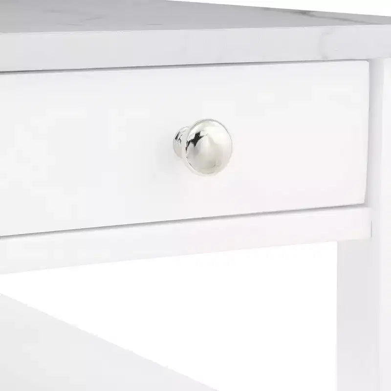 Tavolino finale con 1 cassetto e ripiani aperti | Legno di fienile/Nero, Finto marmo bianco | 1 Pezzo