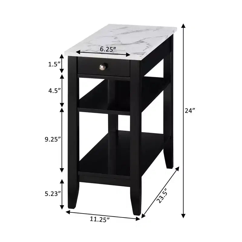 Tavolino finale con 1 cassetto e ripiani aperti | Legno di fienile/Nero, Finto marmo bianco | 1 Pezzo
