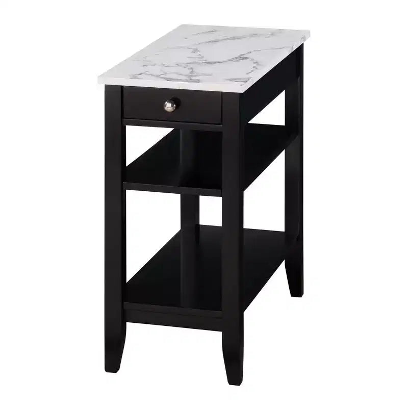 Tavolino finale con 1 cassetto e ripiani aperti | Legno di fienile/Nero, Finto marmo bianco | 1 Pezzo
