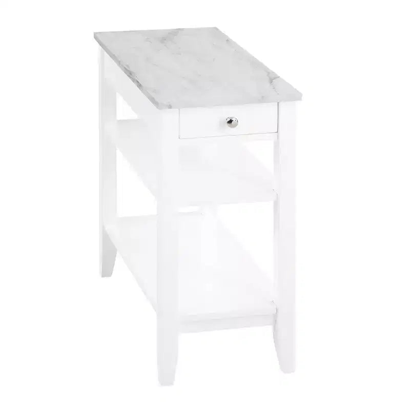 Tavolino finale con 1 cassetto e ripiani aperti | Legno di fienile/Nero, Finto marmo bianco | 1 Pezzo