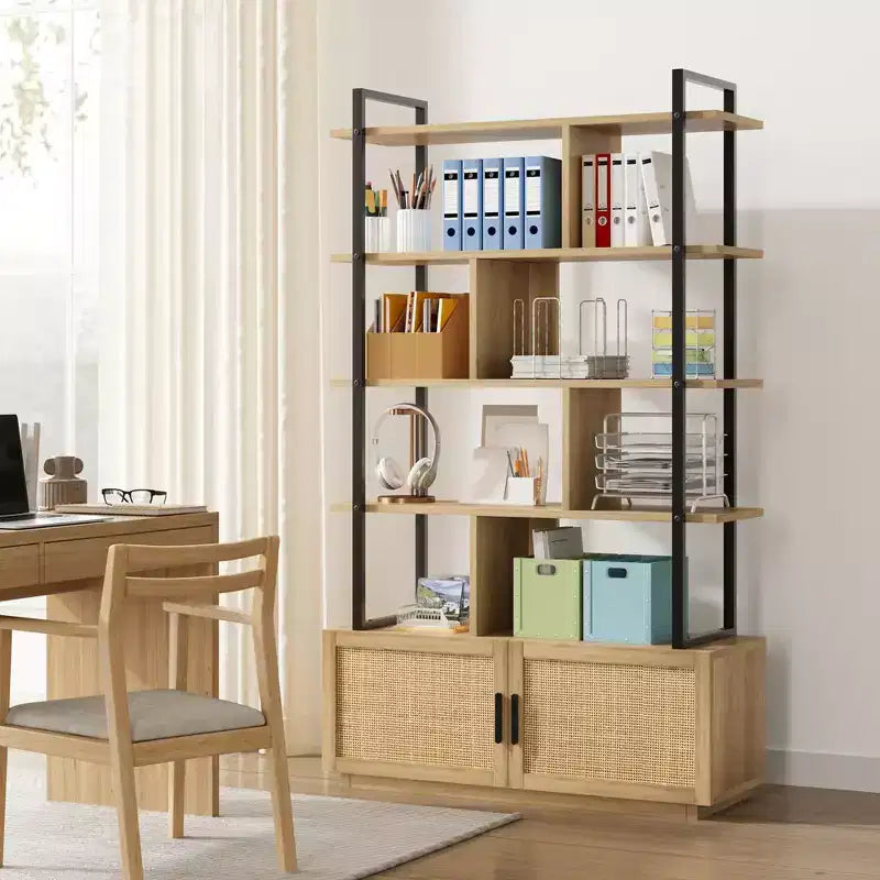 Libreria a 5 Ripiani con Mobiletto e Anta – Nero / Burlywood / Legno Naturale, Singola