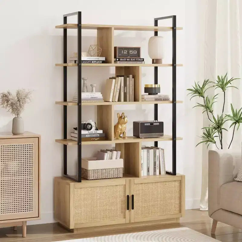 Libreria a 5 Ripiani con Mobiletto e Anta – Nero / Burlywood / Legno Naturale, Singola