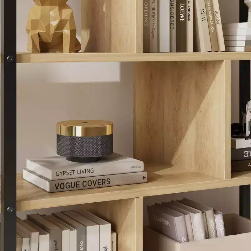 Libreria a 5 Ripiani con Mobiletto e Anta – Nero / Burlywood / Legno Naturale, Singola