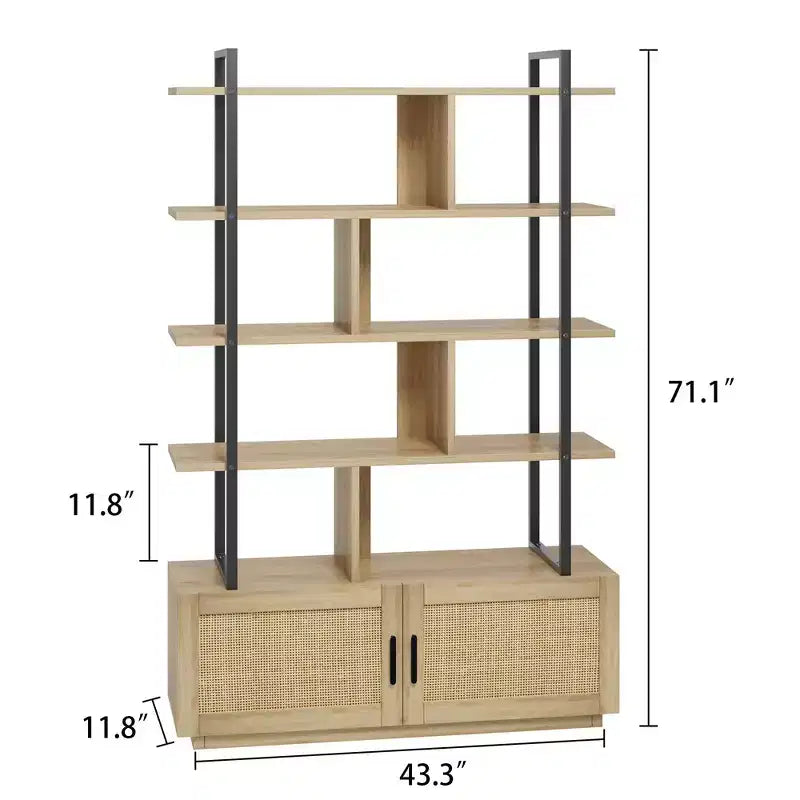 Libreria a 5 Ripiani con Mobiletto e Anta – Nero / Burlywood / Legno Naturale, Singola
