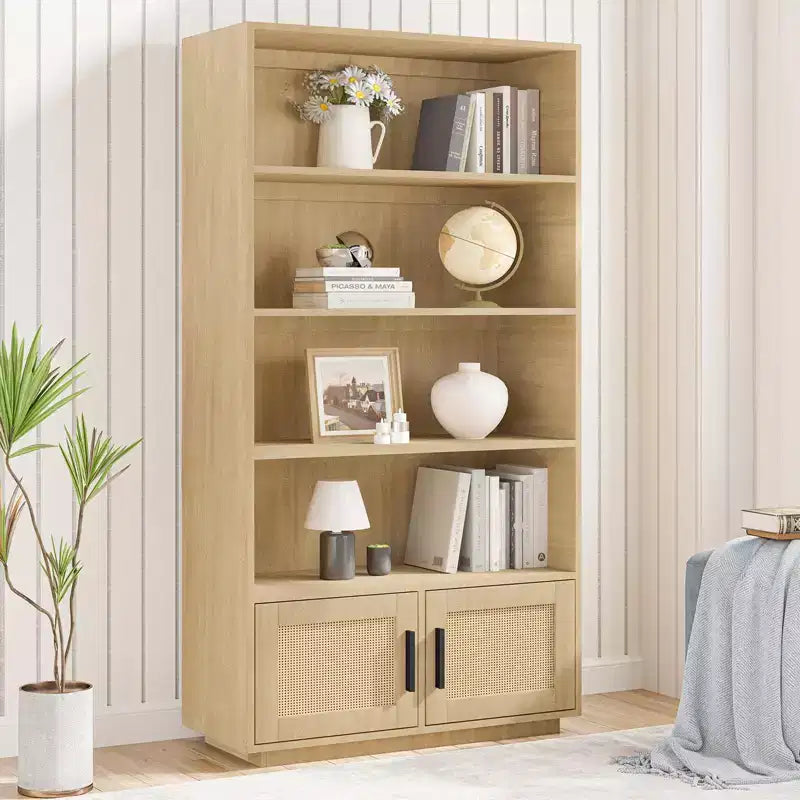 Libreria a 5 Ripiani con Mobiletto e Anta – Nero / Burlywood / Legno Naturale, Singola