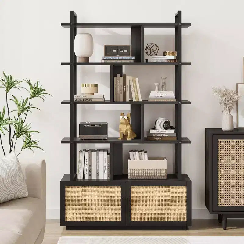 Libreria a 5 Ripiani con Mobiletto e Anta – Nero / Burlywood / Legno Naturale, Singola
