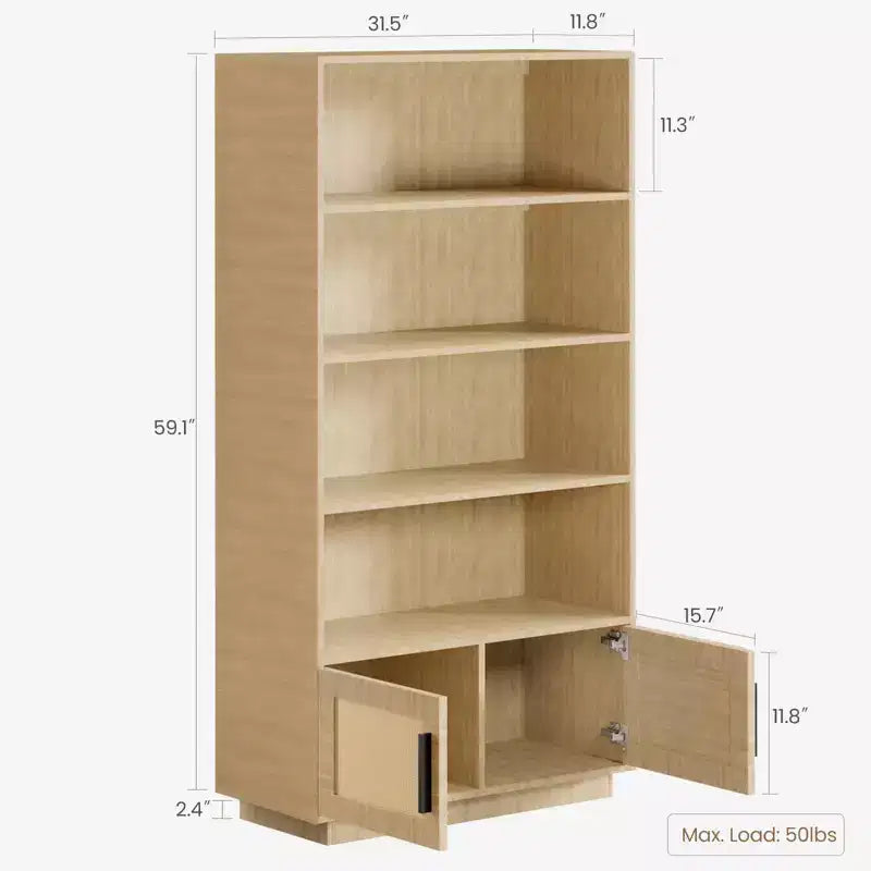 Libreria a 5 Ripiani con Mobiletto e Anta – Nero / Burlywood / Legno Naturale, Singola