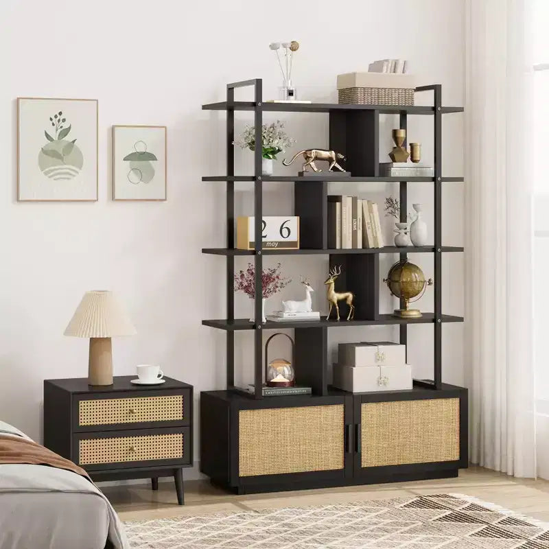 Libreria a 5 Ripiani con Mobiletto e Anta – Nero / Burlywood / Legno Naturale, Singola