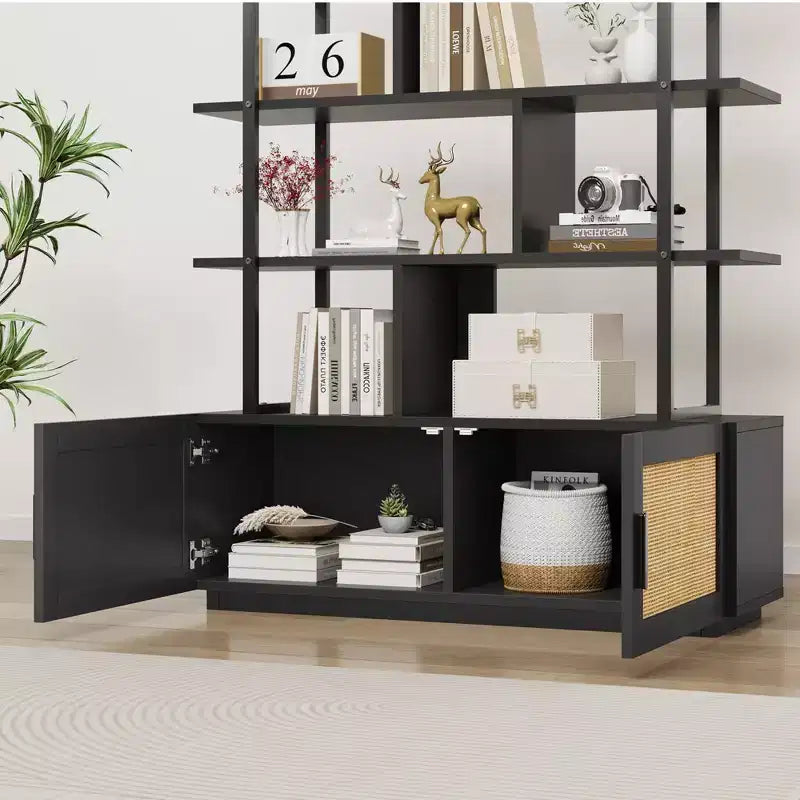 Libreria a 5 Ripiani con Mobiletto e Anta – Nero / Burlywood / Legno Naturale, Singola