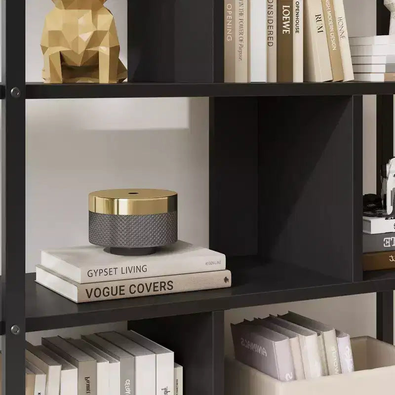 Libreria a 5 Ripiani con Mobiletto e Anta – Nero / Burlywood / Legno Naturale, Singola