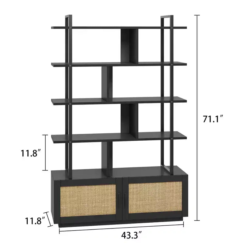 Libreria a 5 Ripiani con Mobiletto e Anta – Nero / Burlywood / Legno Naturale, Singola