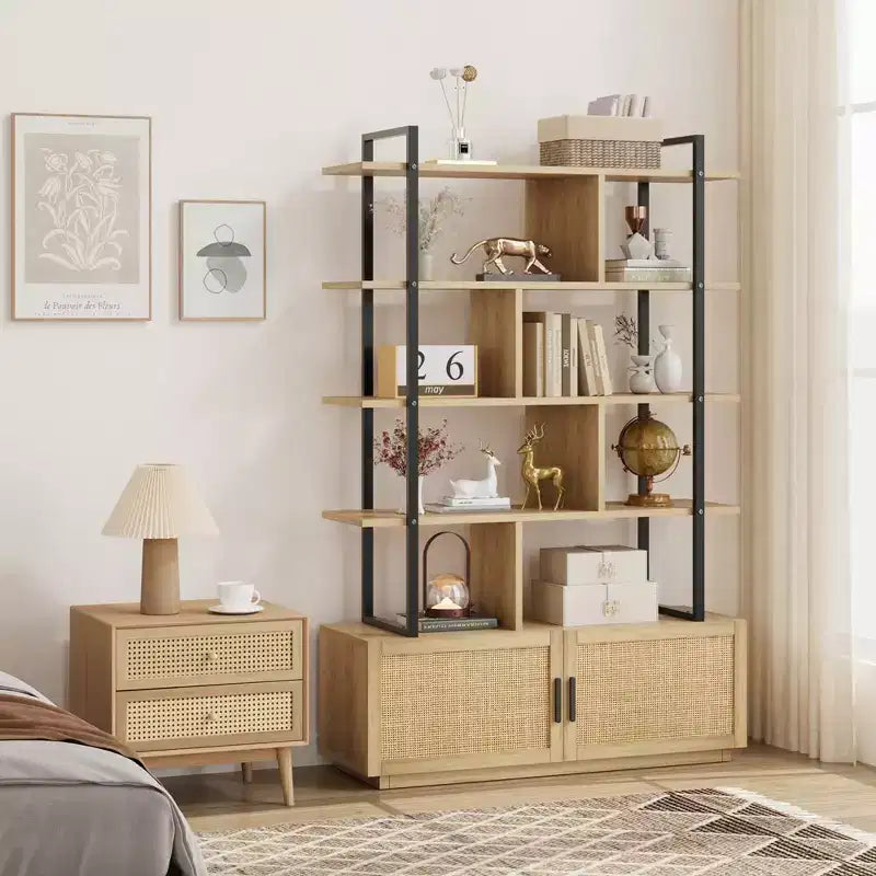 Libreria a 5 Ripiani con Mobiletto e Anta – Nero / Burlywood / Legno Naturale, Singola