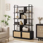 5 Tier Rattan Bookshelf with Storage Cabinet & Door, 71.1 Inch Tall Industrial Book Shelf,5 Shelf Bookcase with Metal Frame