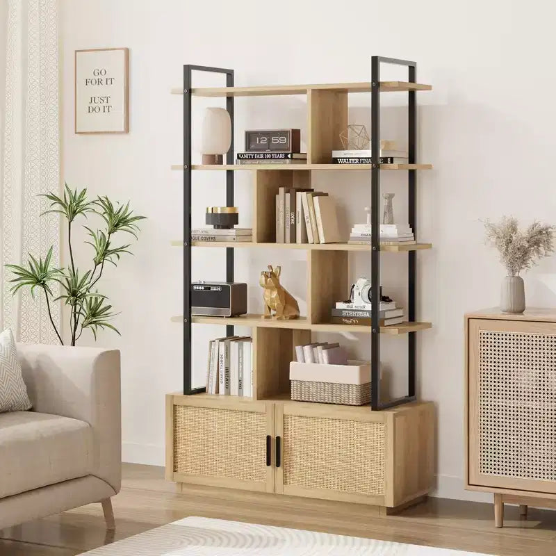Libreria a 5 Ripiani con Mobiletto e Anta – Nero / Burlywood / Legno Naturale, Singola