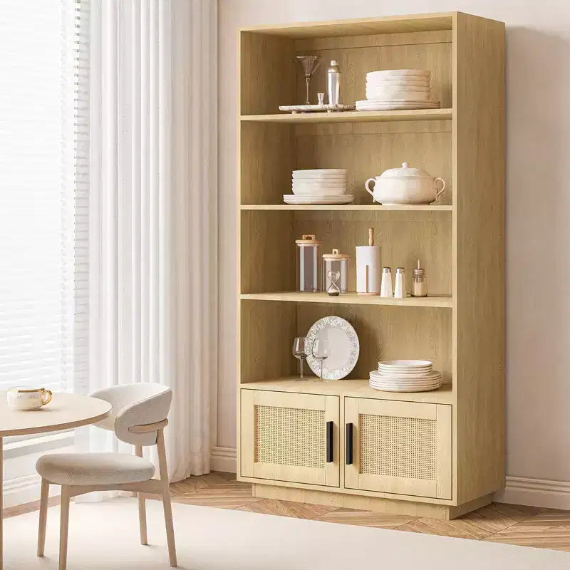 Libreria a 5 Ripiani con Mobiletto e Anta – Nero / Burlywood / Legno Naturale, Singola