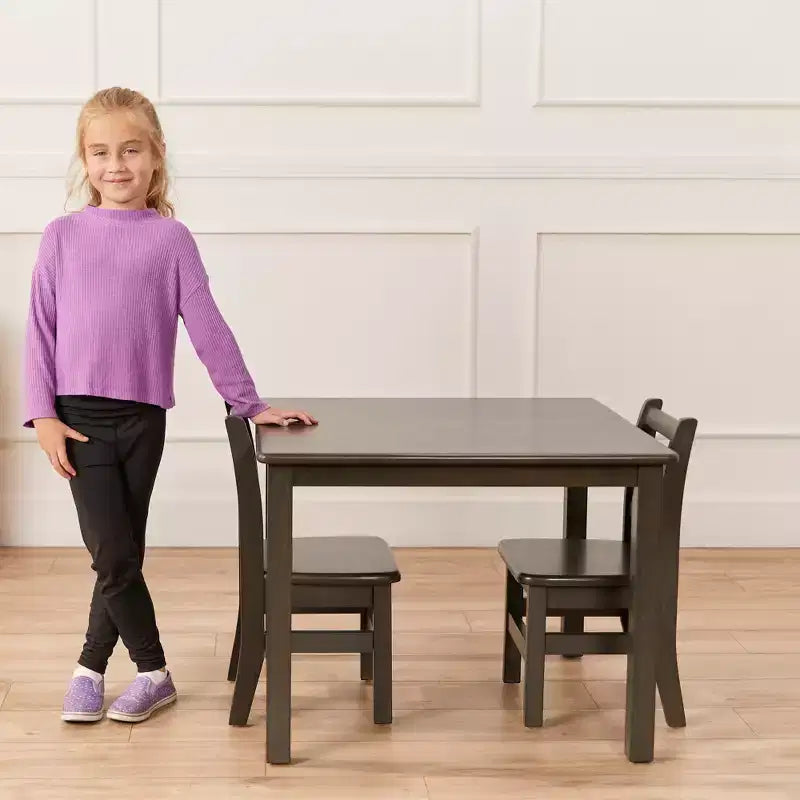 Tavolo quadrato in legno massello per bambini con 2 sedie, set da 3 pezzi