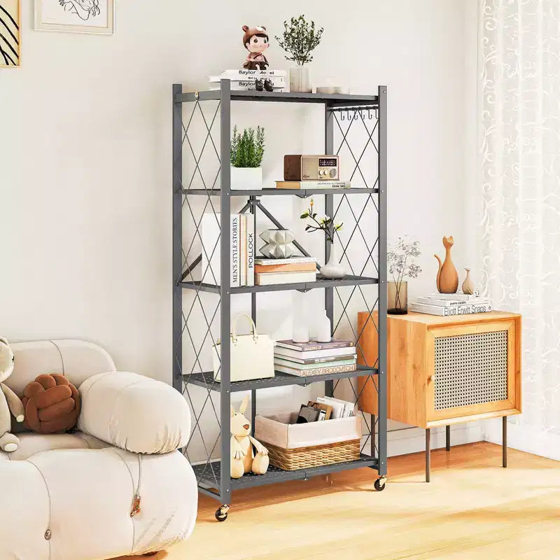 Scaffale pieghevole a 5 ripiani in filo metallico, argento, 160 cm H, singolo
