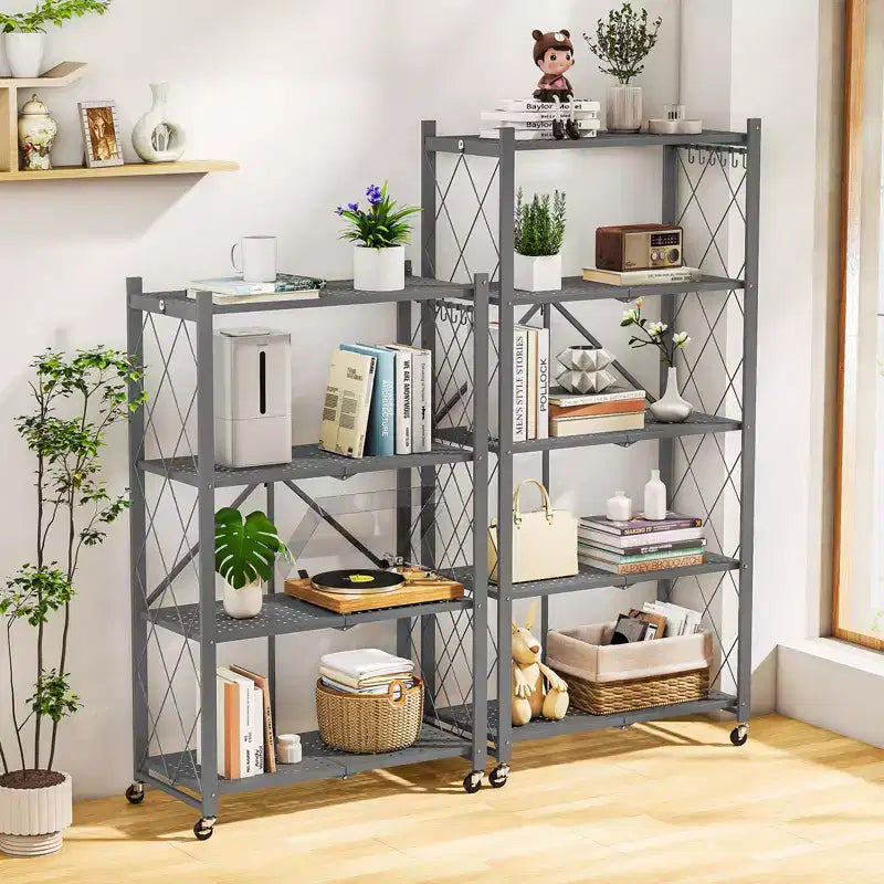 Scaffale pieghevole a 5 ripiani in filo metallico, argento, 160 cm H, singolo