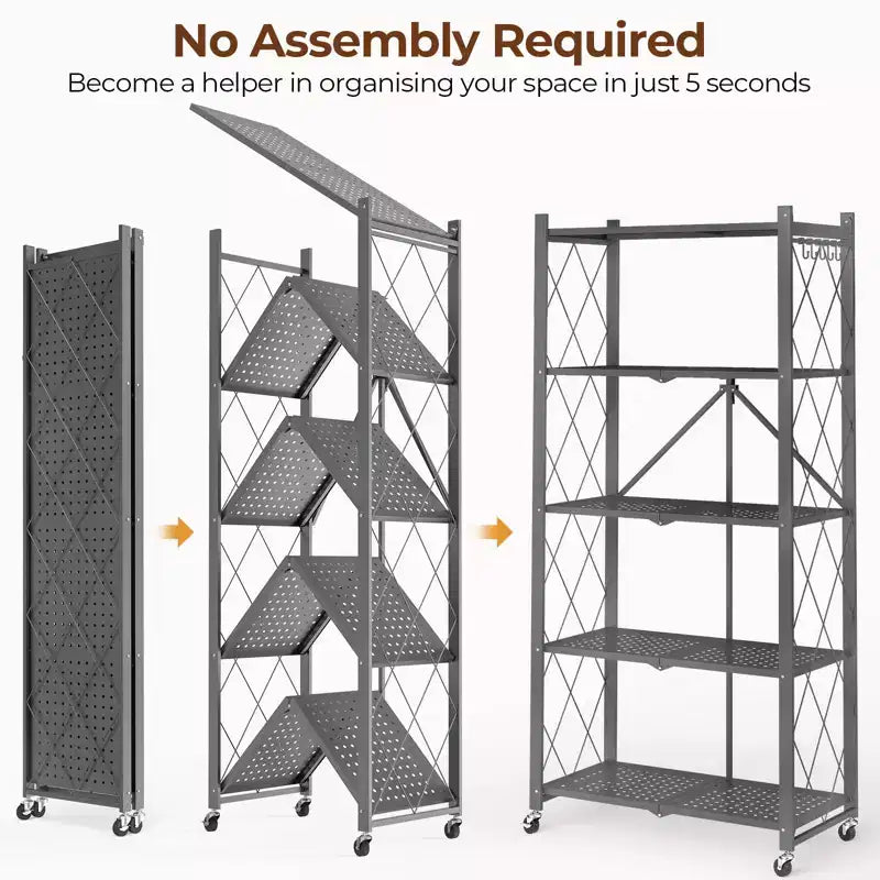 Scaffale pieghevole a 5 ripiani in filo metallico, argento, 160 cm H, singolo