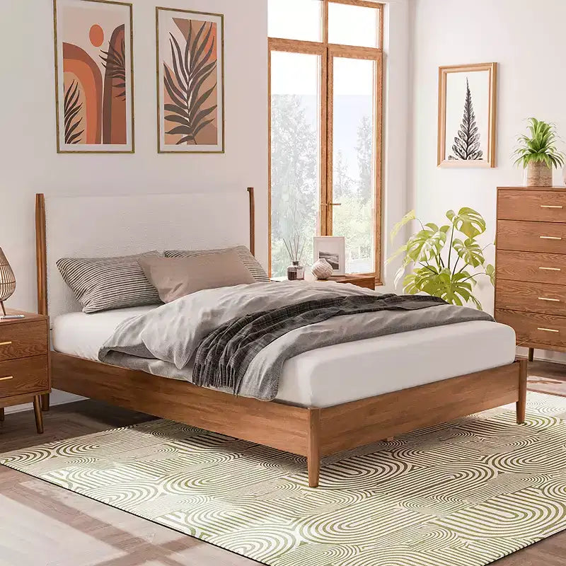 Letto imbottito a piattaforma in tessuto Bouclé avorio con testiera, per 1–2 adulti – King/Full